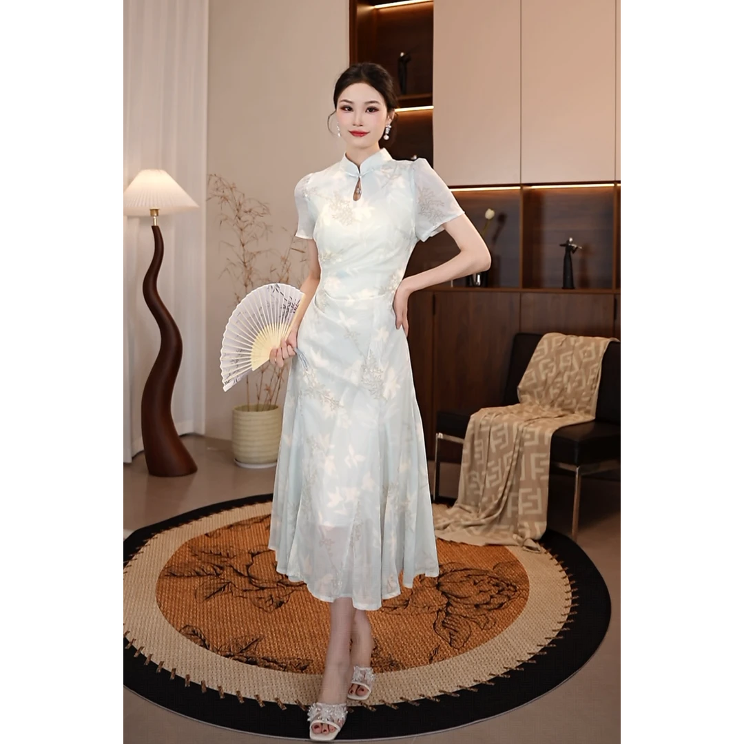 【娅姐】【有里布】夏季显瘦女新中式2025新连衣裙收腰短袖长裙D1674