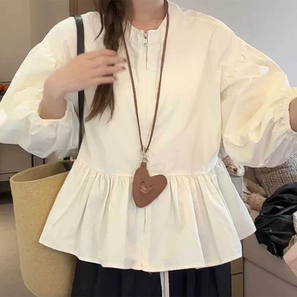 韩系精致女孩蕾丝飘带灯笼袖荷叶下摆衬衫上衣时尚气质