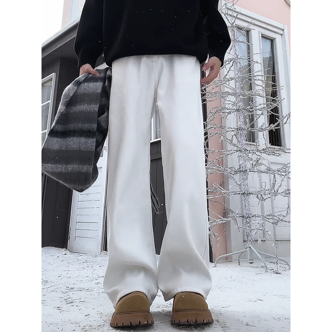 秋冬新款美式白色休闲裤百搭高街宽松潮流情侣加绒显瘦直筒牛仔裤