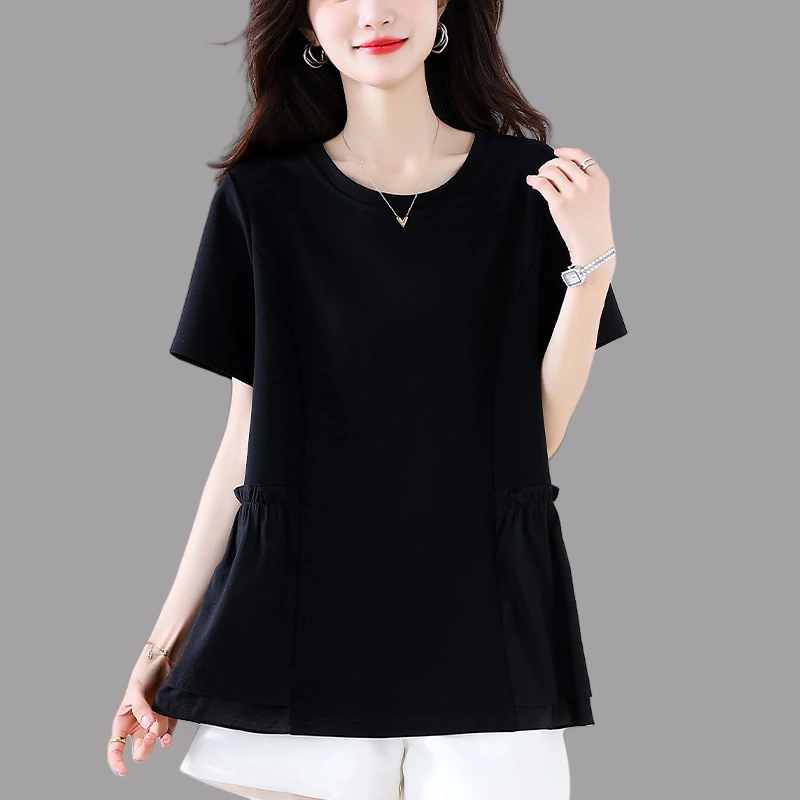 黑色短袖t恤女士夏季2025新款时尚减龄宽松遮肉显瘦气质休闲上衣