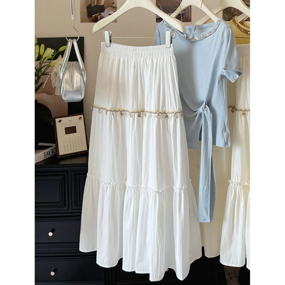 波西米亚民族风韩版气质优雅松紧腰贝壳流苏A字裙中长款半身裙子