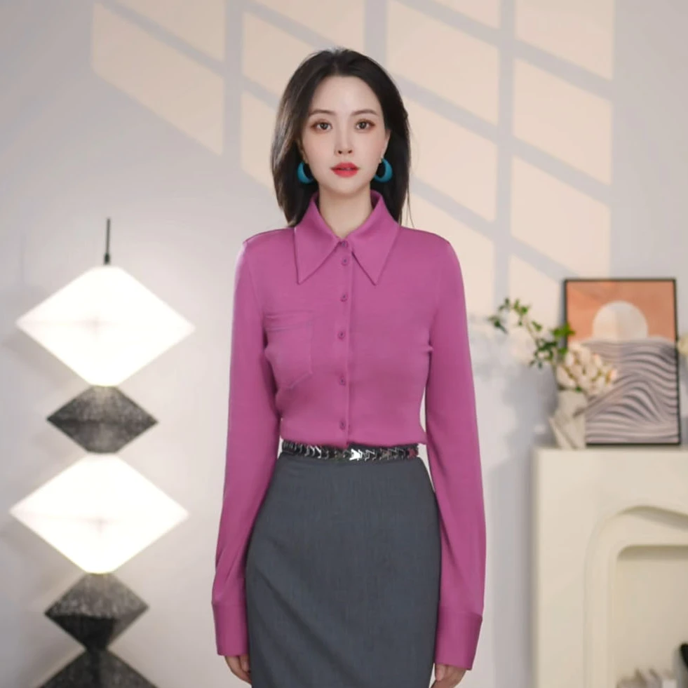 哥弟秋冬新款时尚百搭显瘦气质通勤修身款羊毛长袖衬衫女1301044