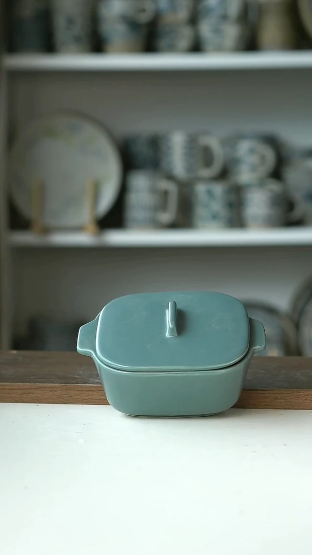 微瑕莫兰迪灰色双耳烤碗13.5cm@4-2@