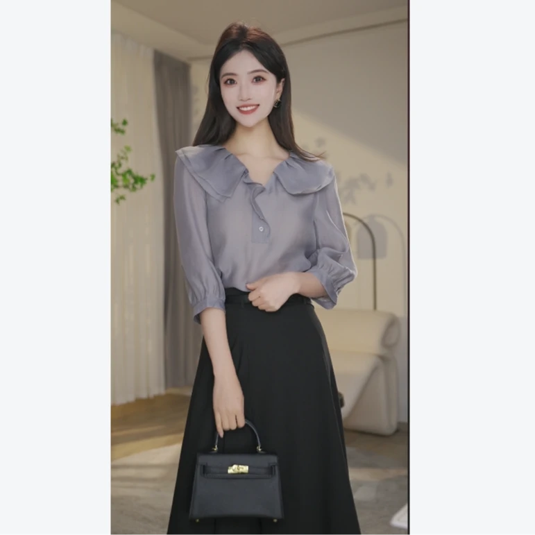 【婷婷甄选】25年品质外穿高级感女短袖V领衬衫8592495烟灰色