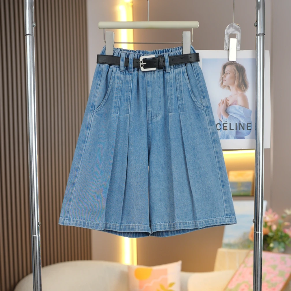 女童拼接百褶裙裤2025夏季新款中大童时尚百搭儿童洋气牛仔五分裤