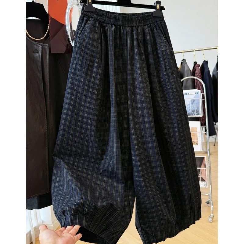 韩系高级感慵懒风松弛感复古格子休闲裤女秋九分灯笼裤巨好看裤子