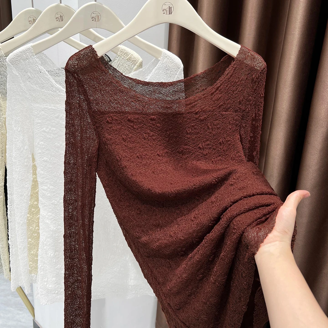 安可拉红圆领洋气蕾丝衫上衣女秋冬款加绒保暖套头打底衫内搭小衫