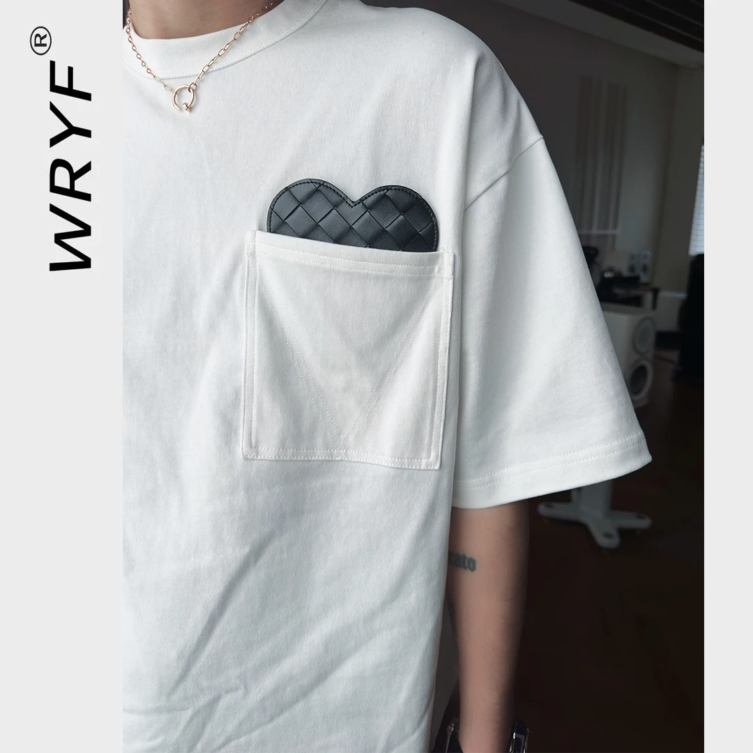 “6800”25年ins风高级感秀款圆领编制皮革口袋纯色短袖宽松