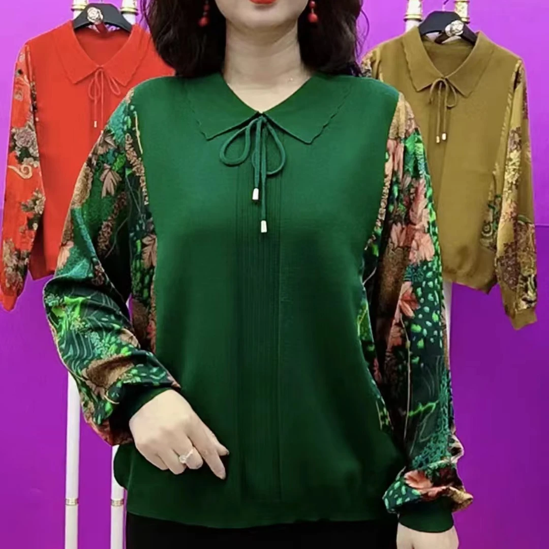 《专柜品质》春季气质洋气时尚百搭显瘦娃娃领系带拼接妈妈衫上衣5