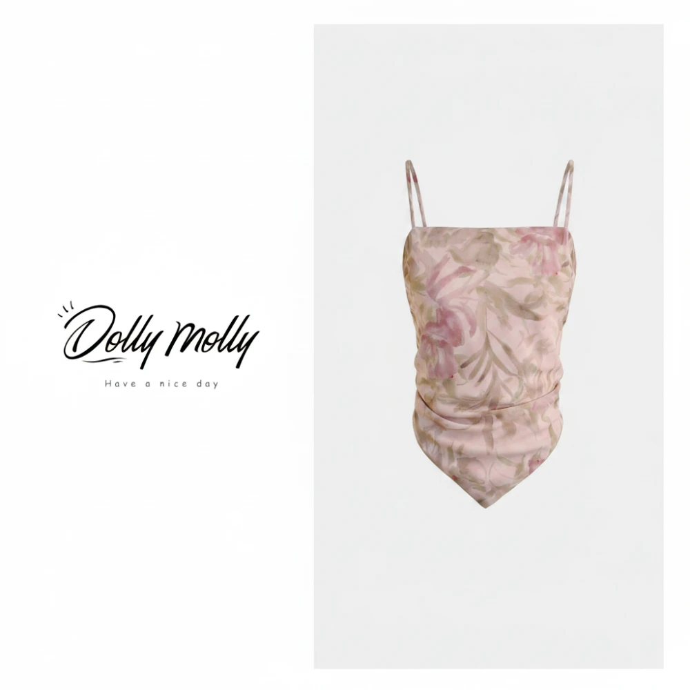 DOLLY&MOLLY雾粉色水彩感花卉肚兜吊带背心夏季度假油画艺术感350