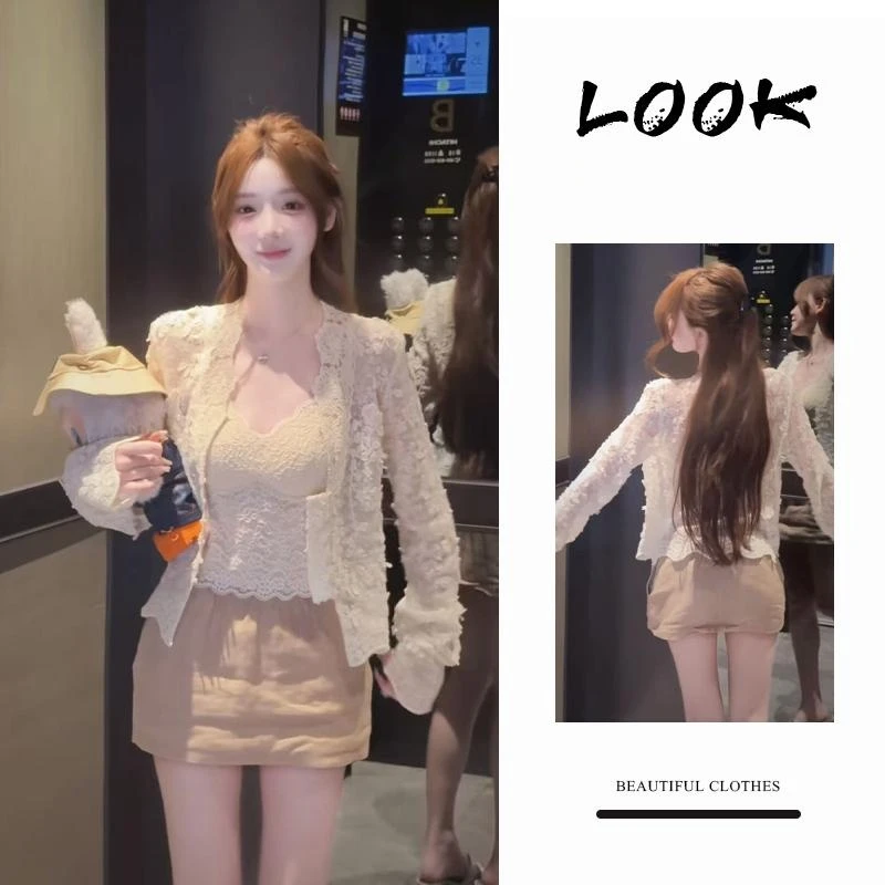 秋季温柔系穿搭女2025新款韩版纯欲爆款蕾丝开衫吊带背心短裙套装