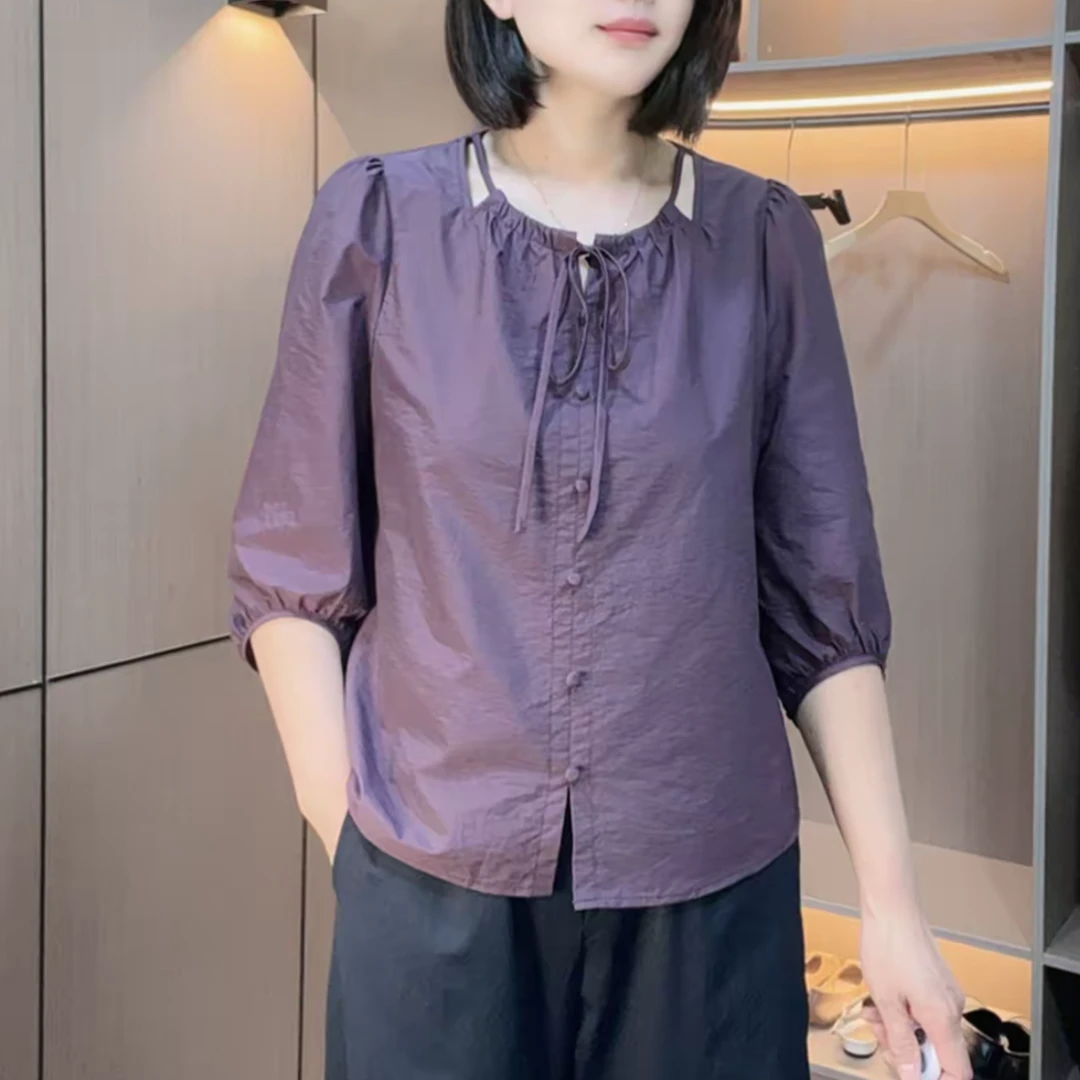 夏季宽松时尚气质圆领中袖上衣洋气大码宽松文艺纯色百搭减龄小衫