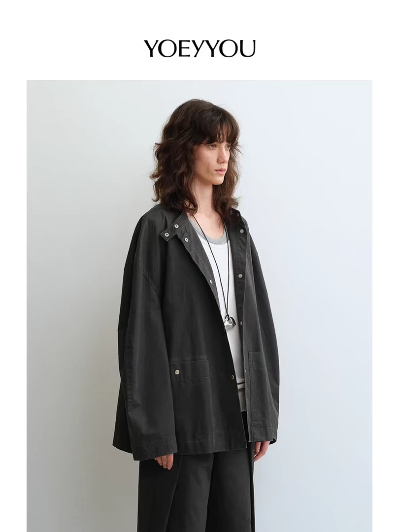 YOEYYOU小立领宽松休闲外套2025早春新款宽松长袖廓形上衣女