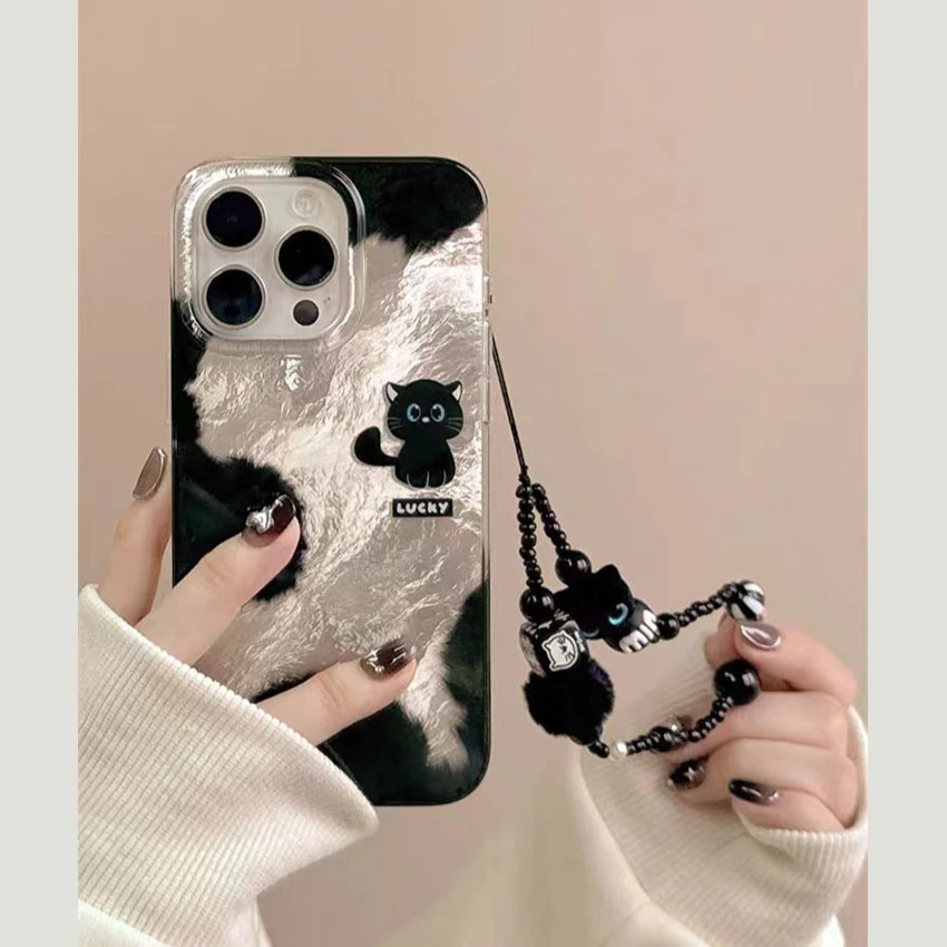 渲染黑猫适用苹果16/15promax冰川纹手机壳小米OPPO/华为VIVO女壳