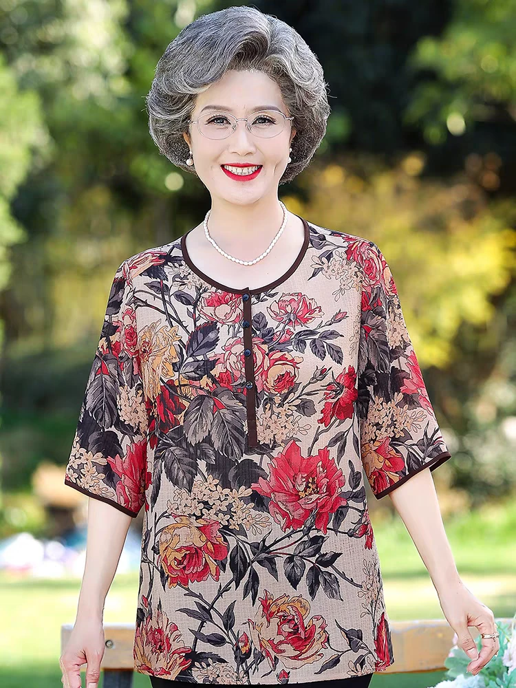 Q33045【月季红花】薄款民族风长裙中老年女装女装衬衫夏季小衫中年