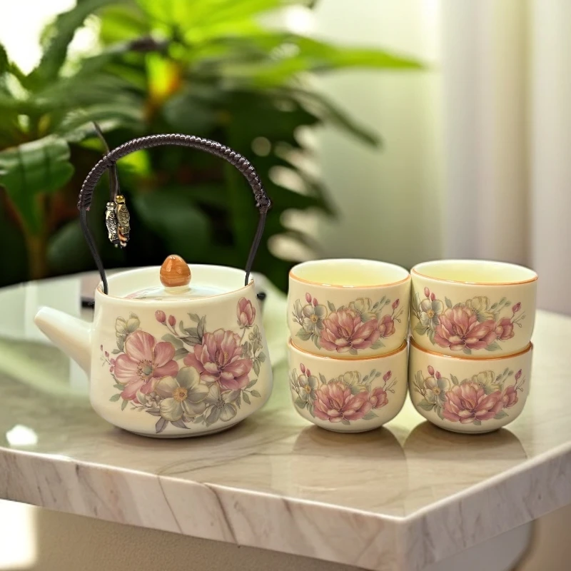 ZH3586-黄汝牡丹提梁一壶四杯高档家用陶瓷中式日式精美礼盒装