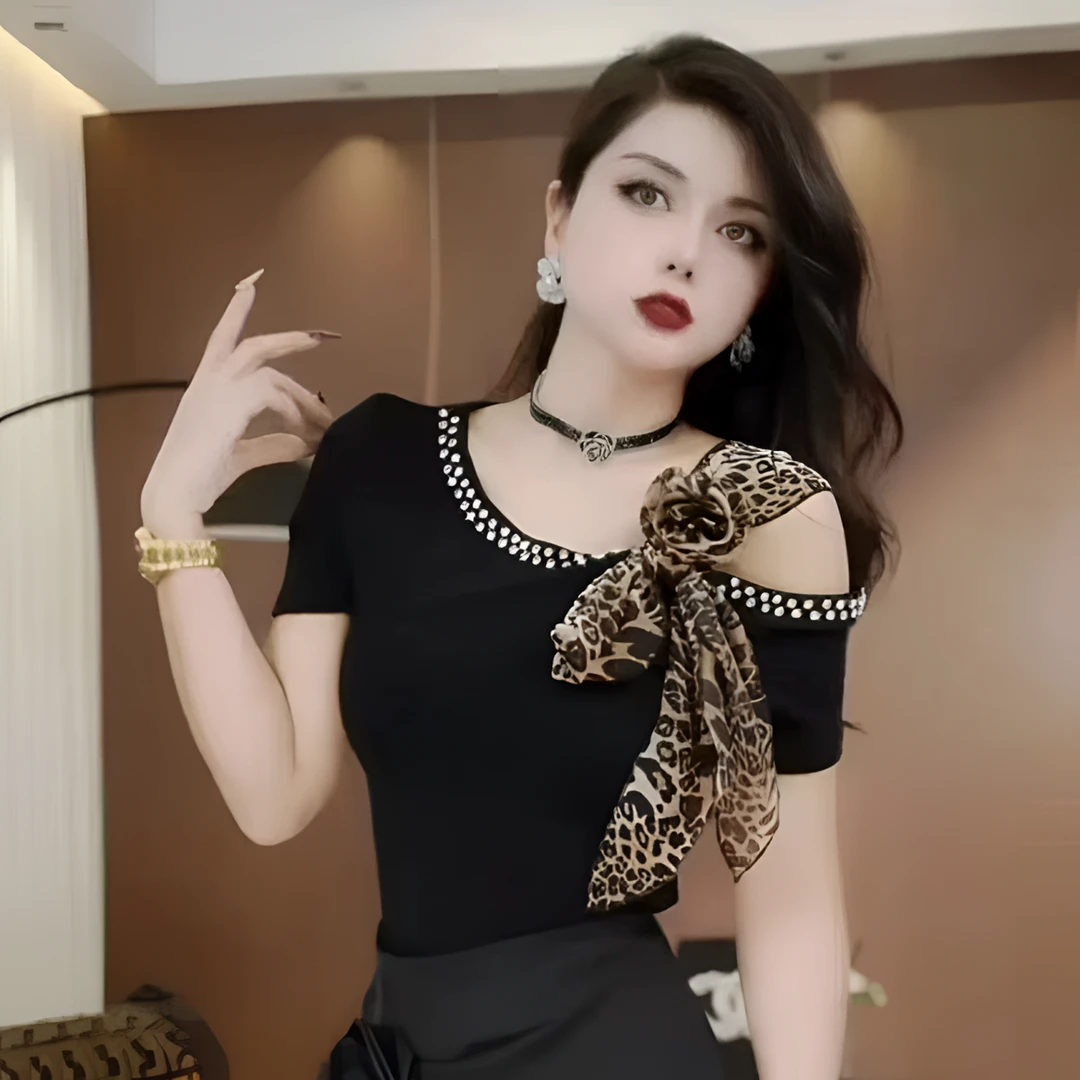 纤短袖拼接透气韩版简约通勤T恤性感网红洋气时尚显瘦气质重工