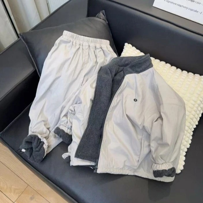 儿童加绒加厚套装2025冬季新款韩版休闲韩系男女童外套长裤两件套