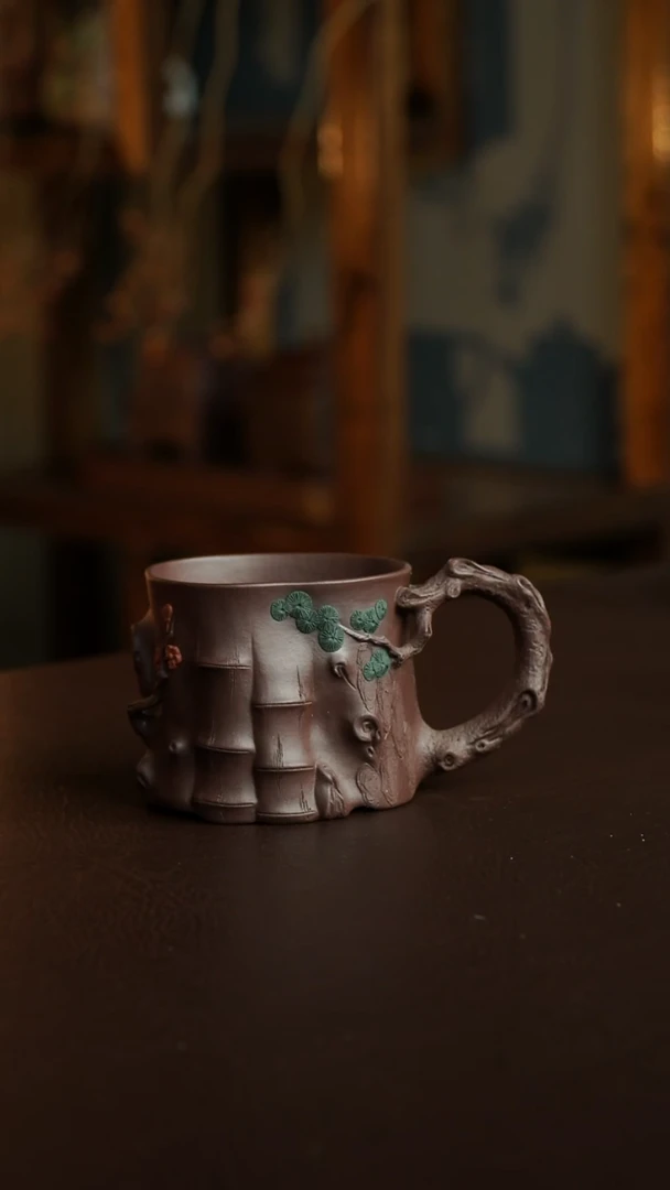 茶杯紫砂29号 岁寒三友把杯 宜兴紫砂原矿作品