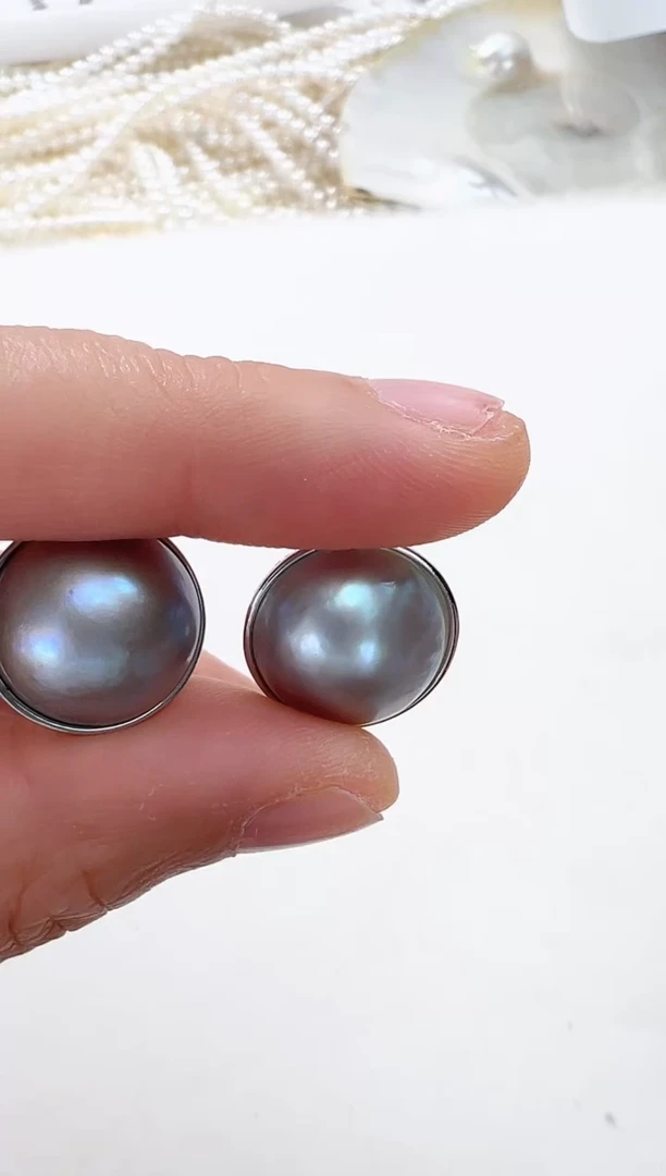 【闪购商品】拼合珍珠（马贝珠）耳饰银S925镶嵌灰色光板