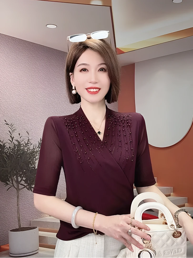 夏季红色网纱钉珠V领打底衫女气质显瘦中老年百搭中袖时髦上衣T恤