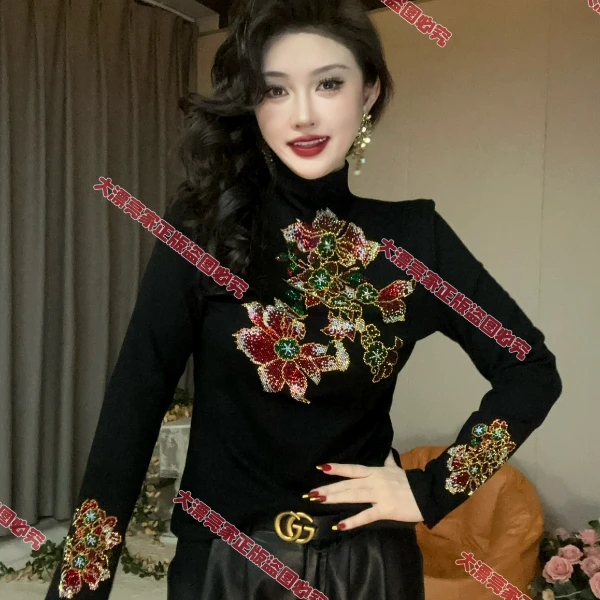 【断码破价】雪莲花半高领秋冬加绒爆款洋气时尚长袖打底衫女8176