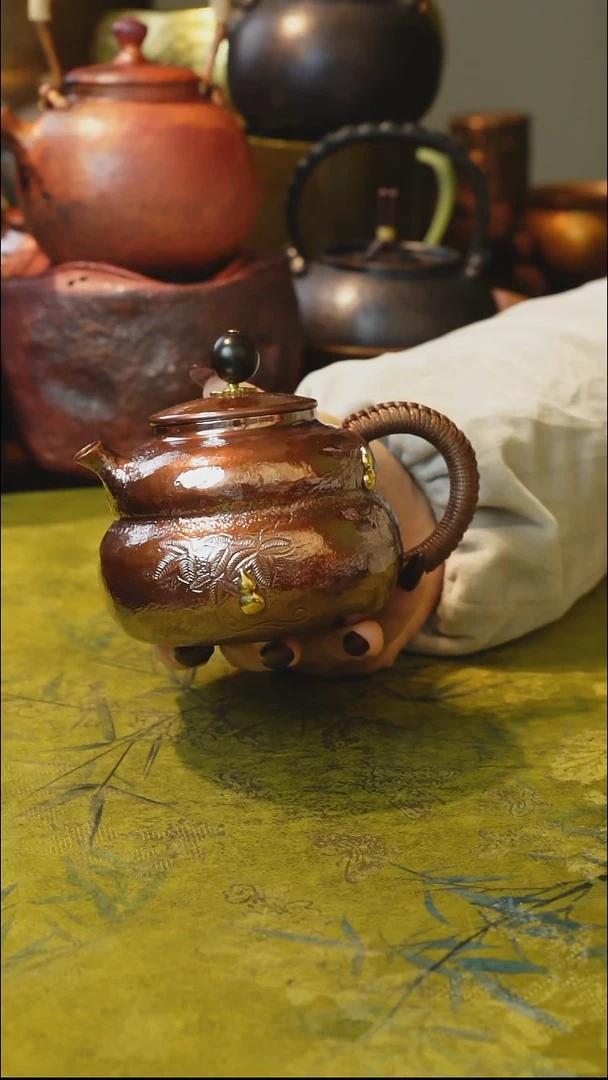 纯紫铜红色福禄泡茶壶