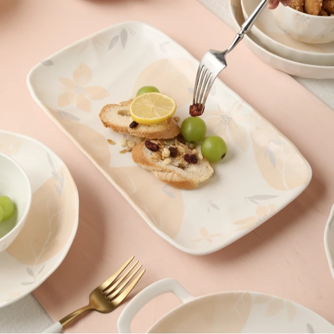 新款餐具花影12英寸双耳长方盘鱼盘光滑易清洗可用微波炉耐热