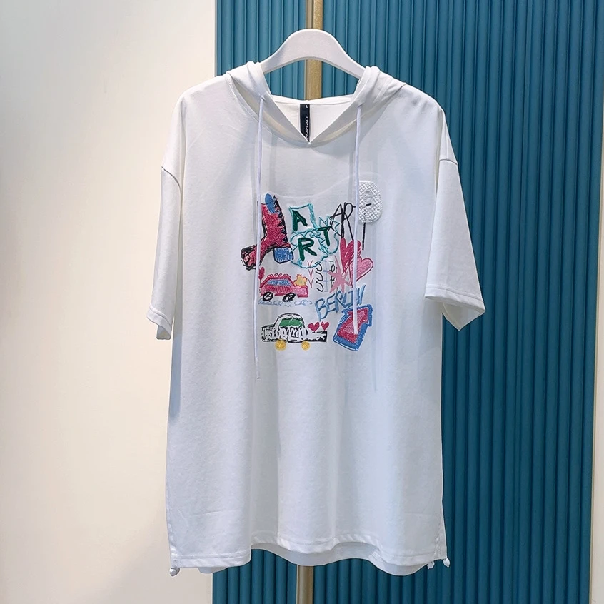 水淼/2025夏季新款时尚涂鸦刺绣连帽针织帽衫20694