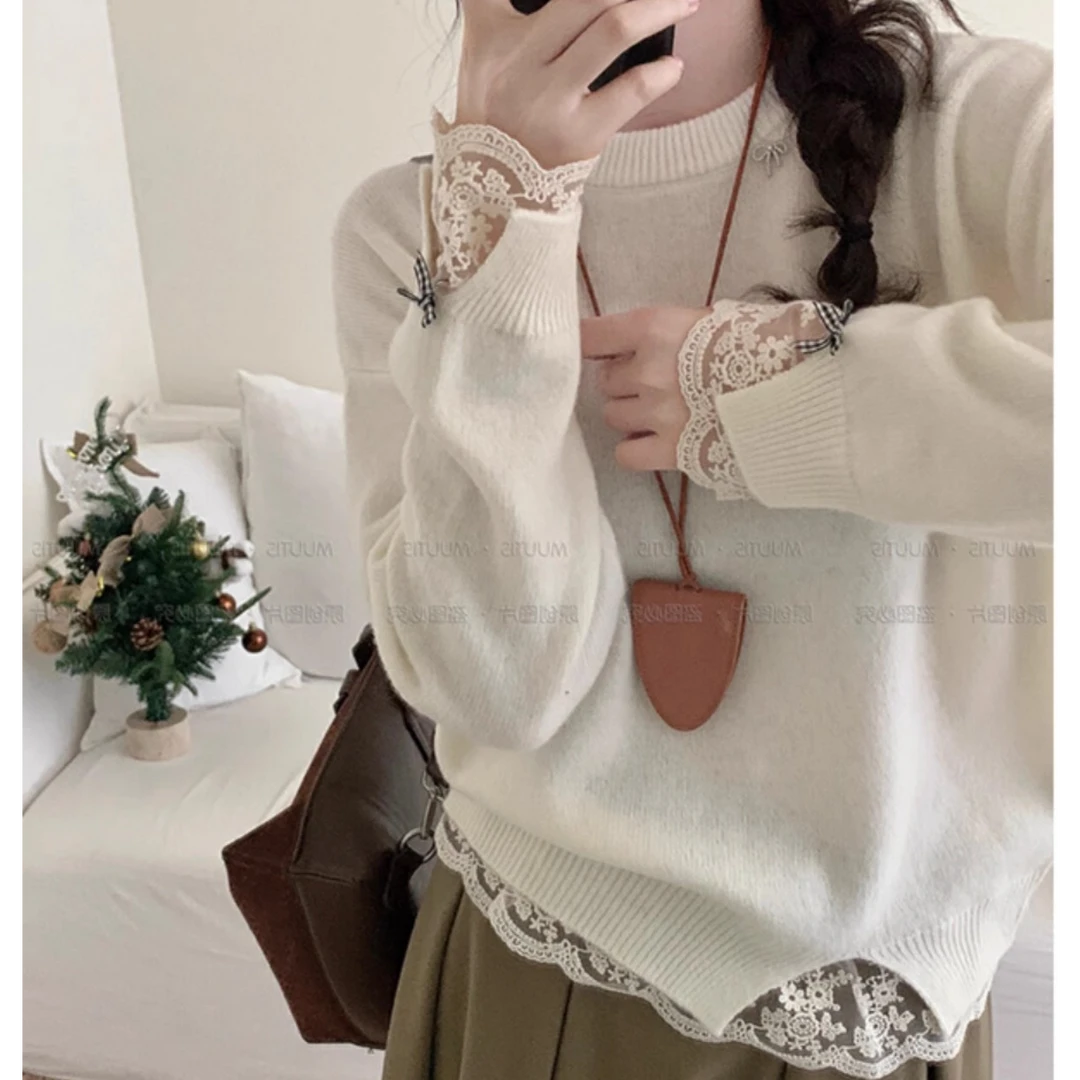 高级感圣诞红色拼接蕾丝毛衣女冬季宽松外穿慵懒风针织衫内搭上衣