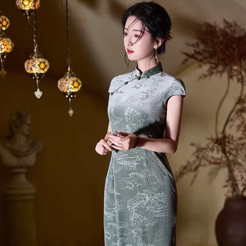 【山月诗】春夏季改良旗袍复古气质修身中长款提花连衣裙2025新款