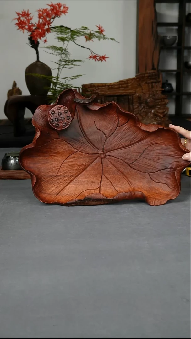缅甸花梨木手工荷叶果盘37-23-5.5