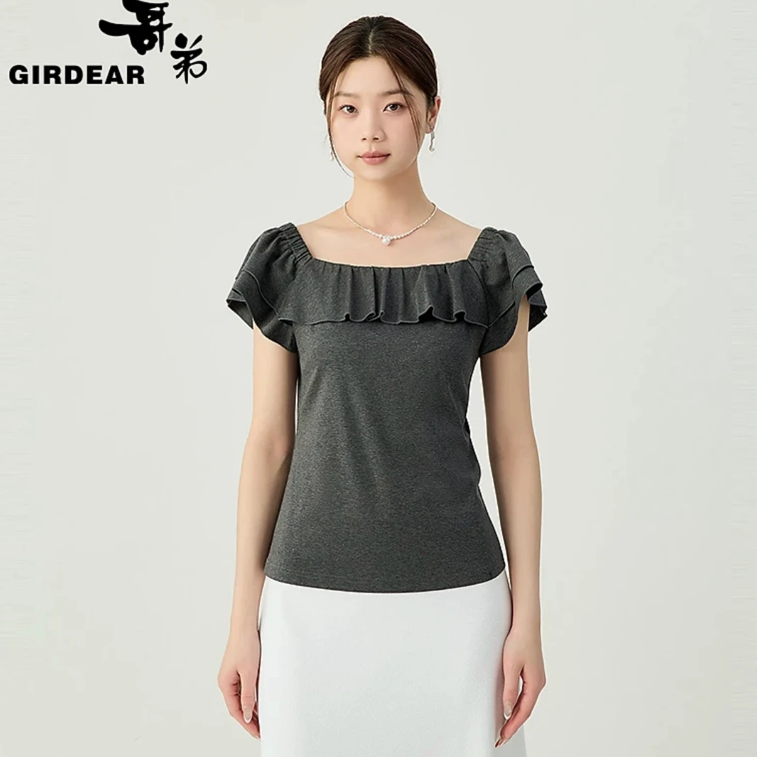 GIRDEAR/哥弟夏季新款时尚通勤方领荷叶纯棉凉感t恤短袖女130057