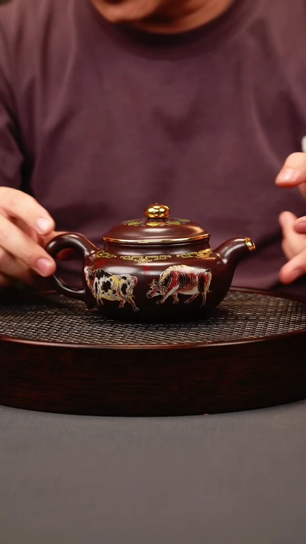 茶壶紫砂石红 仿古 五牛珐琅彩