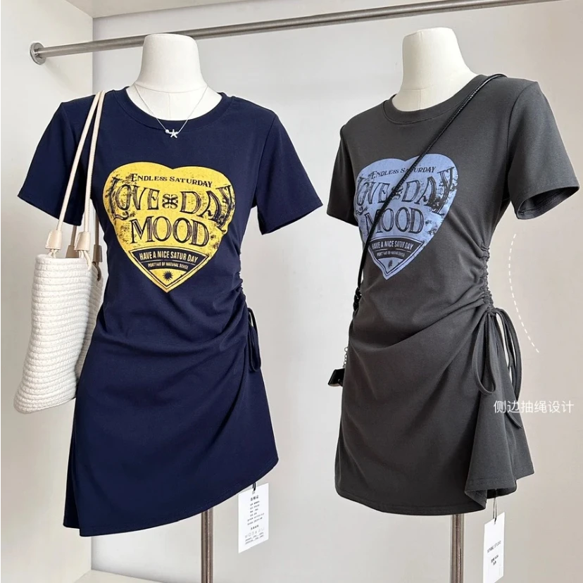 夏季设计感爱心印花短袖连衣裙女2025爆款休闲收腰显瘦T恤短裙潮