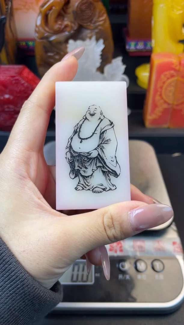 寿山石印石白芙蓉笑口常开弥勒多面印-永受嘉福