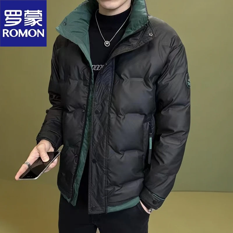 Romon/罗蒙立领防寒服男士时尚短款拼色青年冬季加厚加绒休闲外套