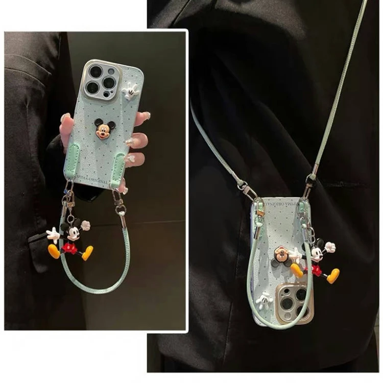 ins风绿波点立体米奇公仔适用苹果16promax手机壳15pro手提斜跨14