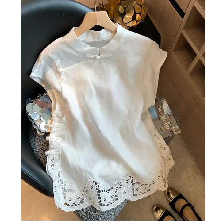 新中式国风镂空立领斜襟设计感小飞袖上衣2025夏季新款绝美小衫潮