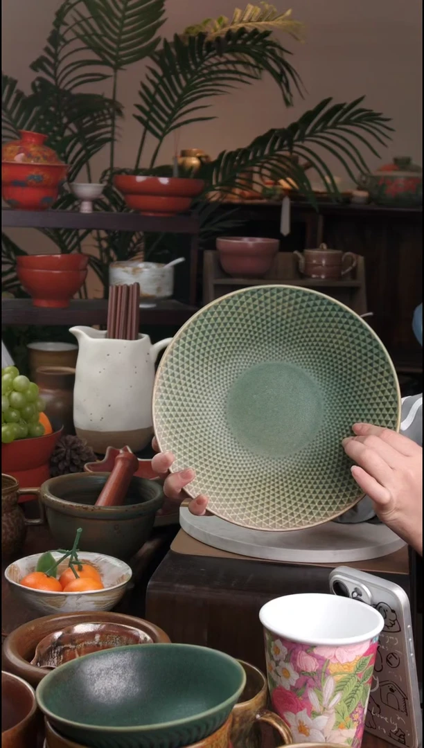 碗微瑕景德镇手工高温餐具三角纹盘子