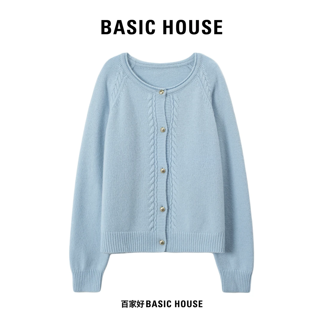 Basic House/百家好2025秋新款翻领设计感绞花圆领针织衫KK72 YY