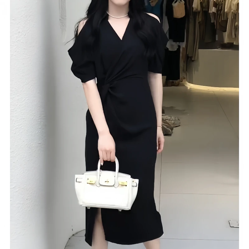 夏季极简风修身黑色露肩韩版女时尚气质显瘦百搭纯色连衣裙连衣裙
