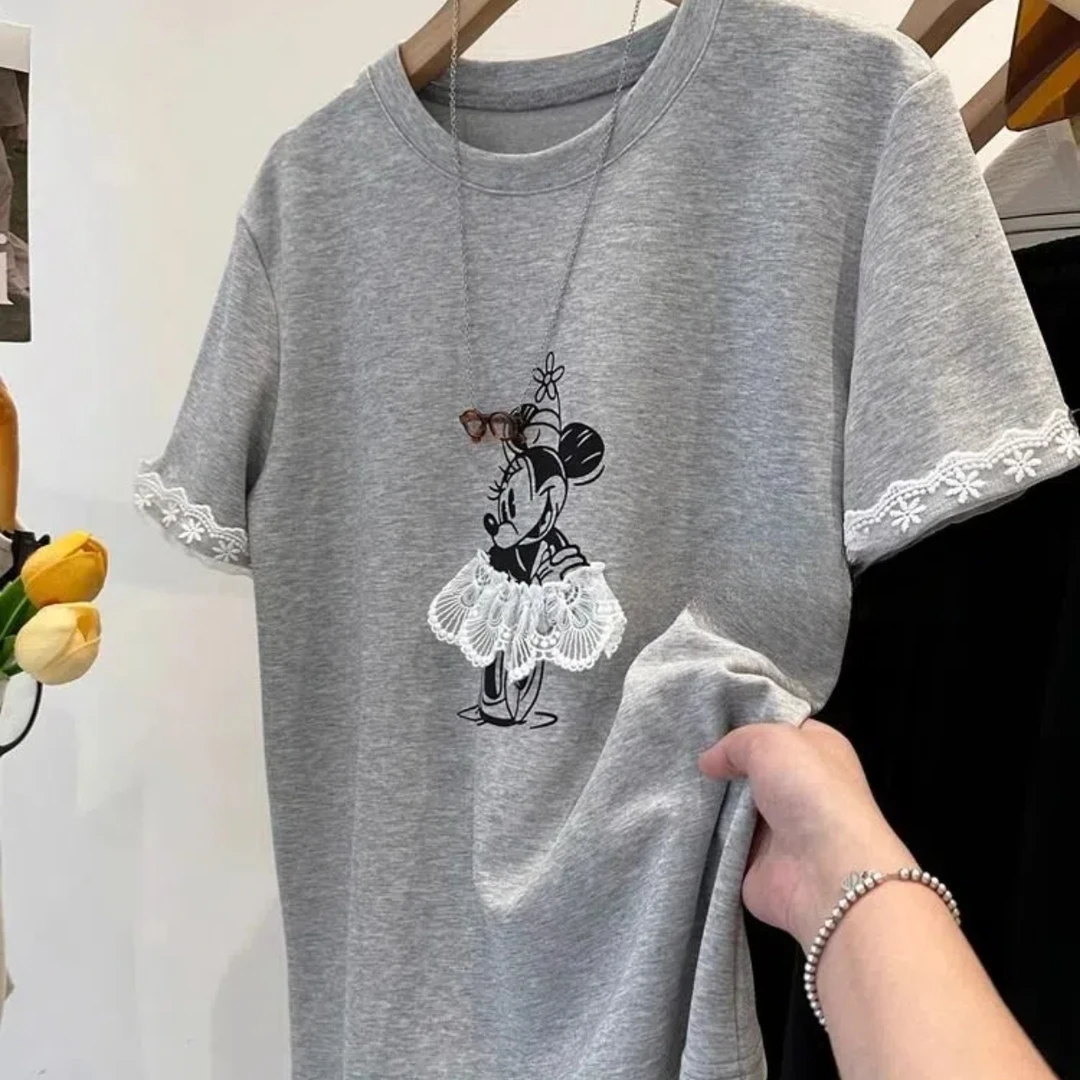 韩版设计感灰色圆领短袖蕾丝拼接卡通T恤女2025夏季新款宽松上衣