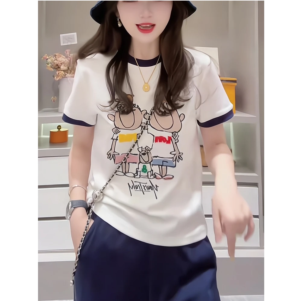 欧货边印花圆领短袖T恤衫女夏季爆款宽松洋气韩系ins衣服t恤女装