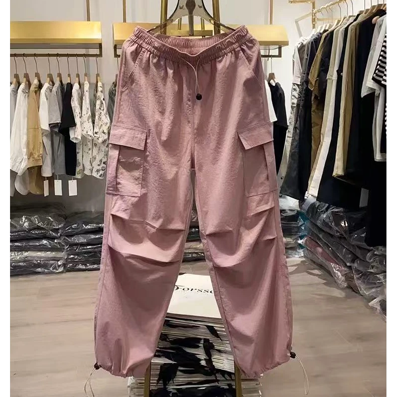 美式抽绳褶皱工装裤夏季高腰束脚阔腿运动裤