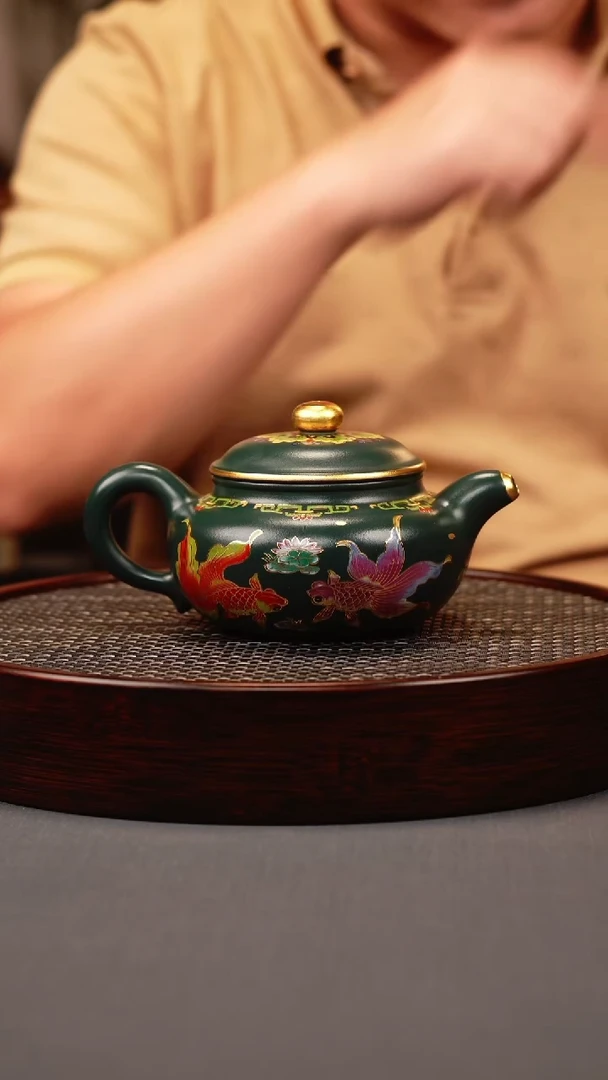 茶壶紫砂绿泥 仿古 锦鲤珐琅彩