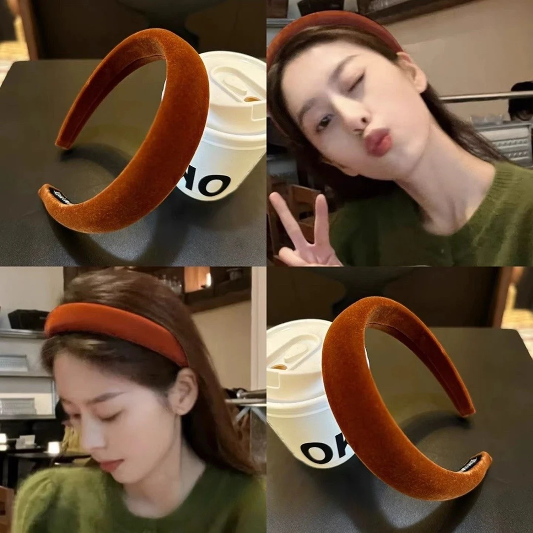 型很正 丝绒巨显白熟南瓜色发箍 温柔慵懒氛围外出高颅顶头箍海绵