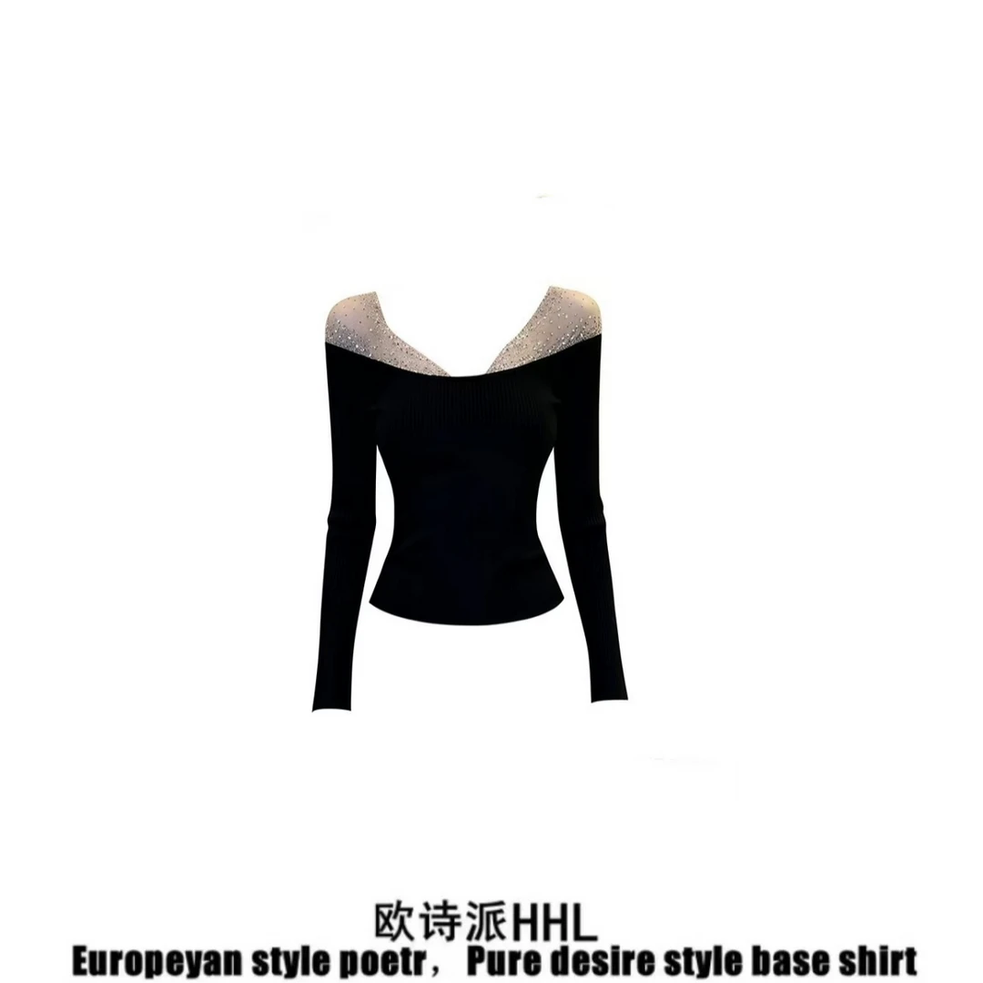 纯欲风性感黑色拼接网纱烫钻露肩长袖T恤女春秋修身显瘦打底上衣