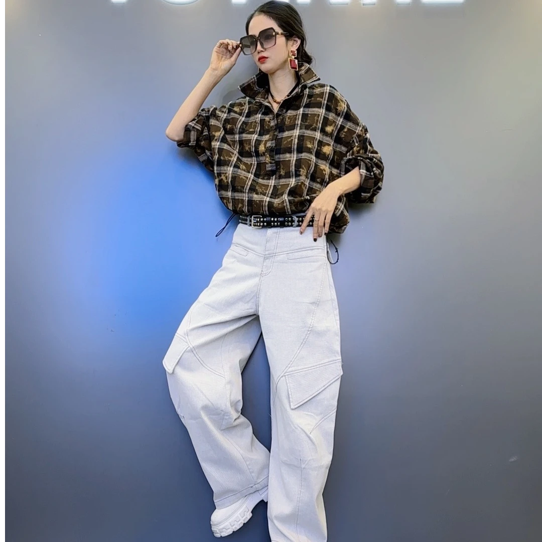K3-12早春款款扎染【绿格 咖格】色格子衬衣-高腰纯色牛仔弯刀裤