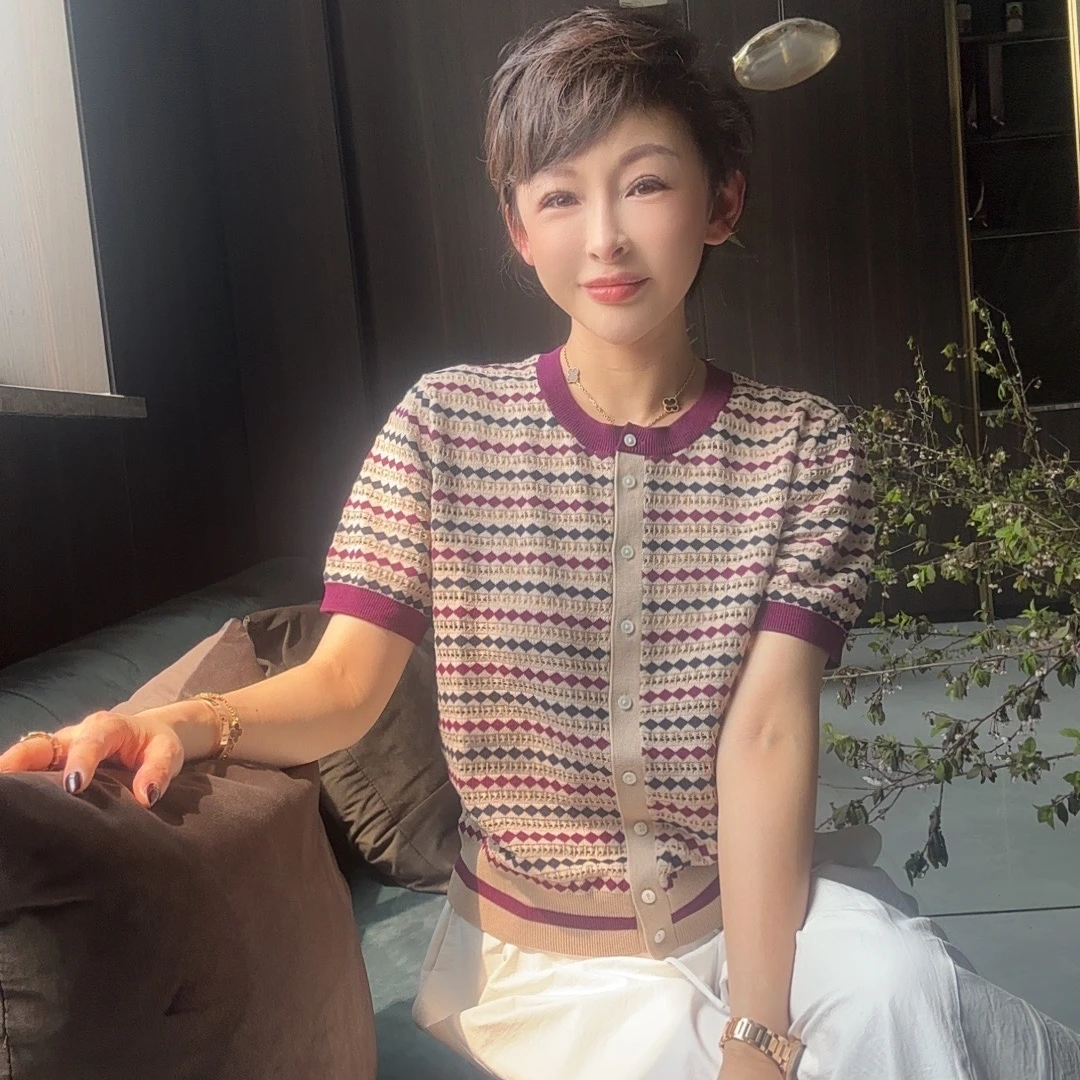 MINGGANG/名港【翠影婆娑】复古休闲针织短袖  MG8109